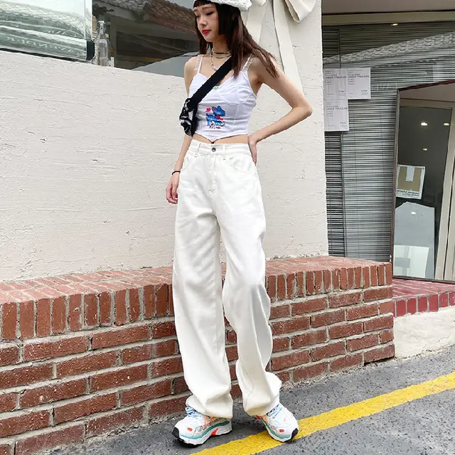 Loose Wide Leg White Jeans High Waist 255 White Lengthened - Shop at LoveMi