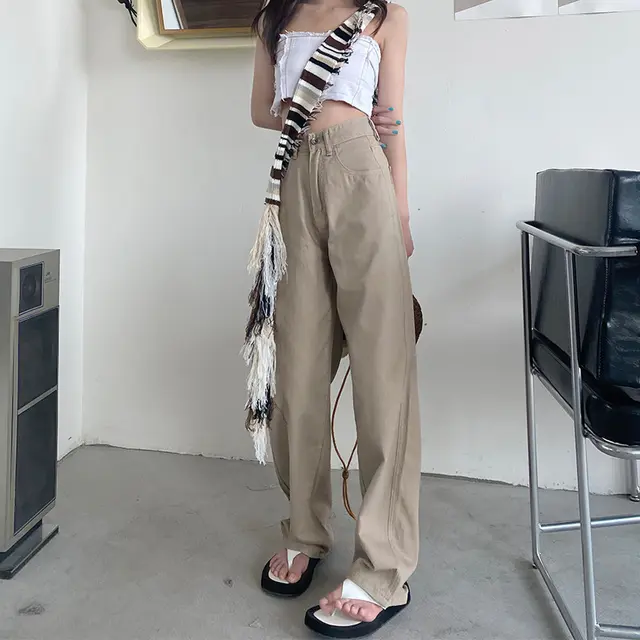 Loose Wide Leg White Jeans High Waist Cropped Pants In Khaki Color - Shop at LoveMi