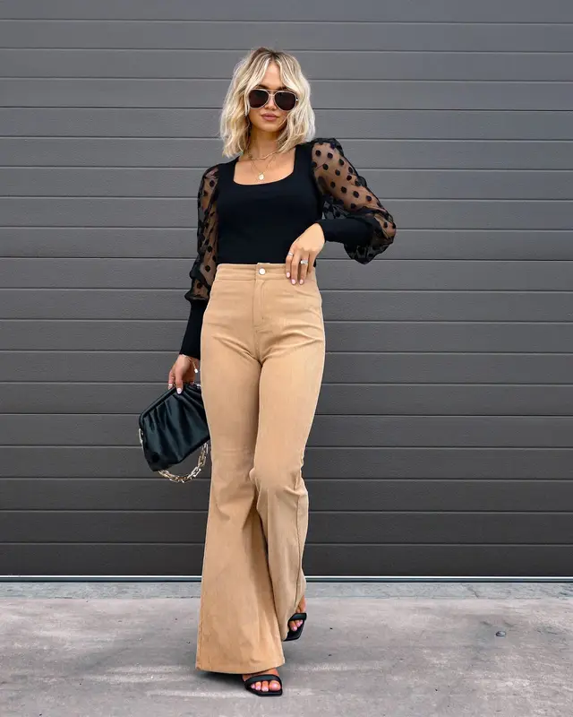 Solid Color Mid waist Slim fit Micro Flared Pants Corduroy Khaki - Shop at LoveMi