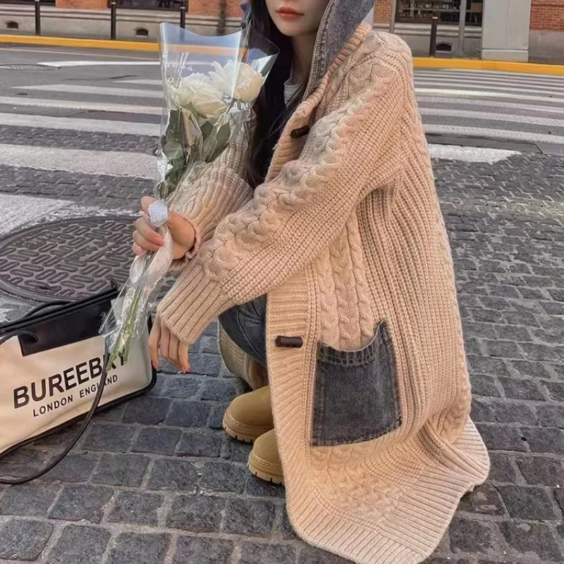 Hooded Denim Stitching Sweater Mid length Knitted Cardigan Jacket Beige - Shop at LoveMi