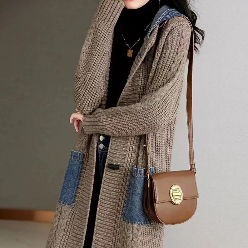 Hooded Denim Stitching Sweater Mid length Knitted Cardigan Jacket Camel - Shop at LoveMi