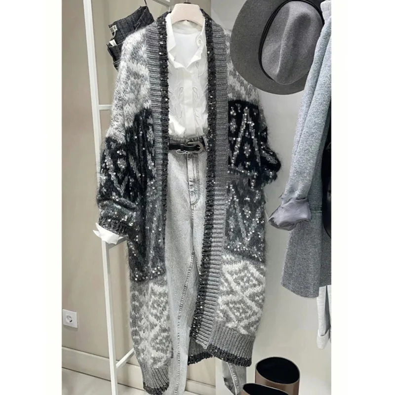 Idle Style Design Sense Niche Mid length Heavy Industry Retro Unique Knitted Cardigan Sweater Coat Gray - Shop at LoveMi