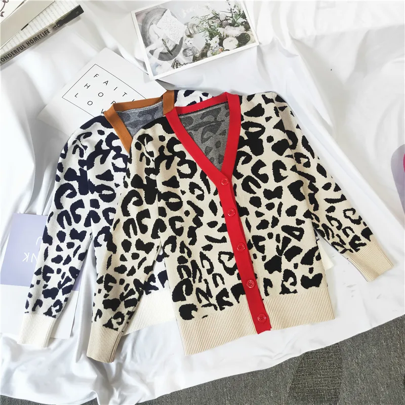 Leopard Print Sweater Cardigan Sweater Women's Loose V neck Apricot - Shop at LoveMi