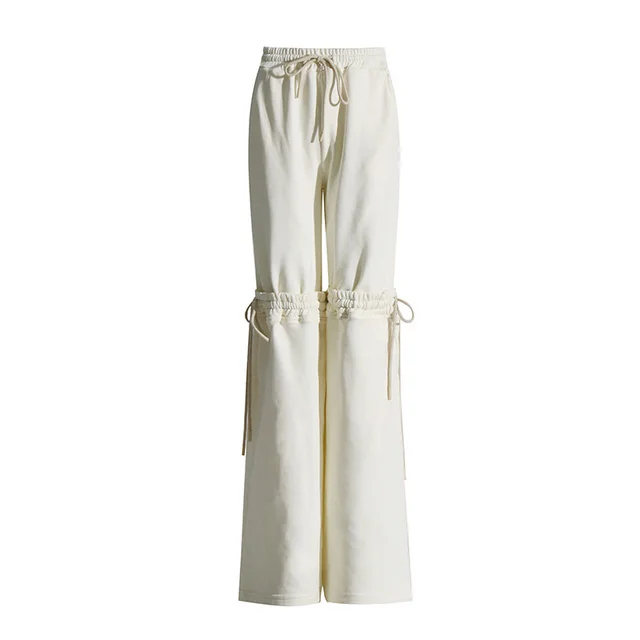 Design Sense Stitching Tied Drawstring Adjustable Slimming High Waist Straight Solid Color Casual Pants Apricot - Shop at LoveMi