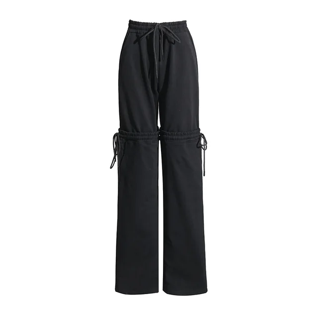 Design Sense Stitching Tied Drawstring Adjustable Slimming High Waist Straight Solid Color Casual Pants Black - Shop at LoveMi