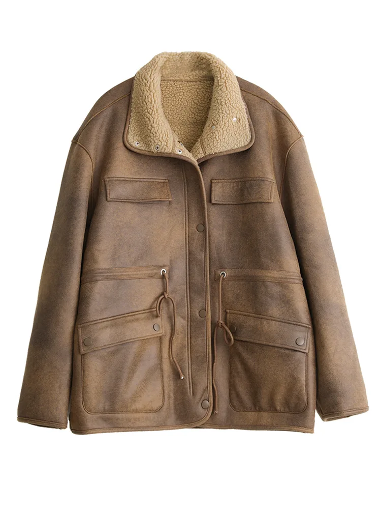 Women's Motorcycle Clothing Suede Lamb Wool Reverse Coat - Brown