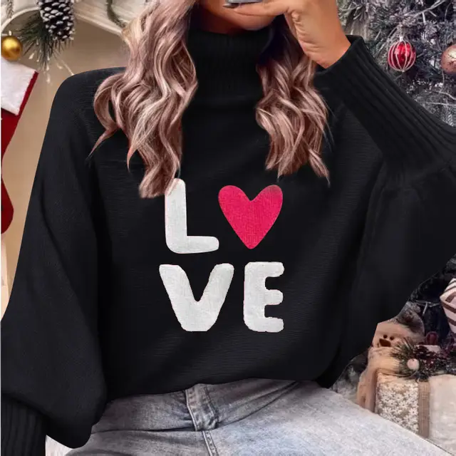 European And American Valentine's Day LOVE Red High Collar Sweater Black - Shop at LoveMi