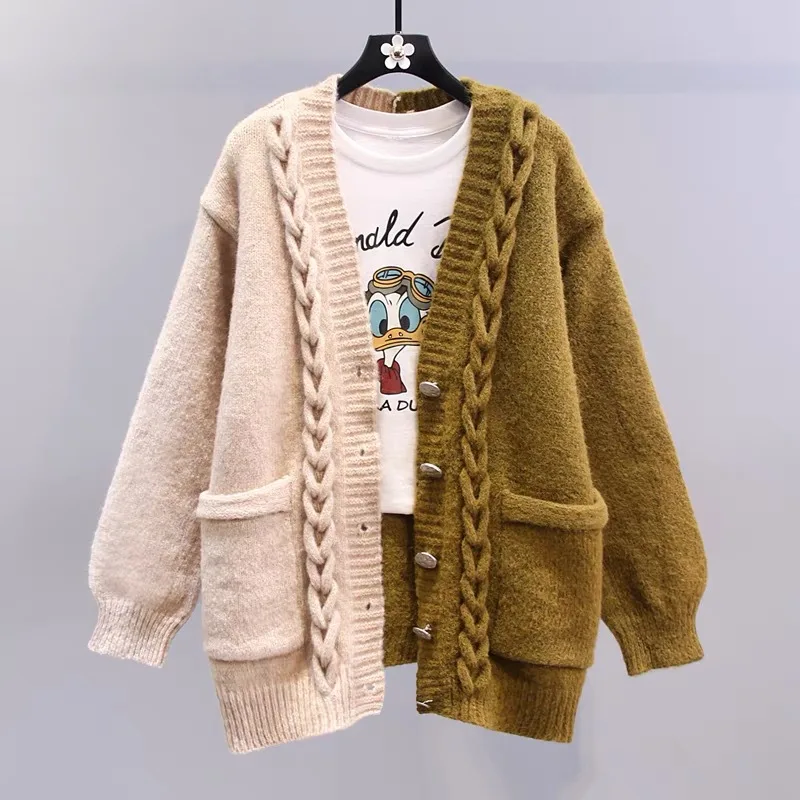 Color Contrast Patchwork Single breasted Sweater Coat Khaki - Shop at LoveMi