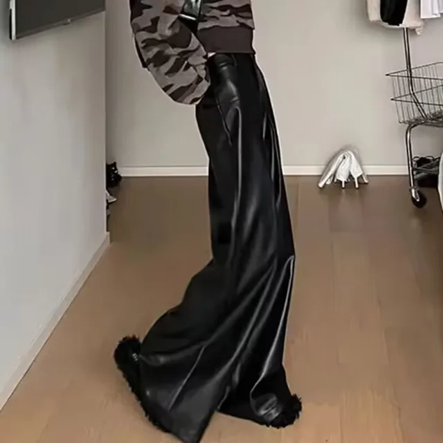 High Waist Drooping PU Leather Pants Female Black - Shop at LoveMi
