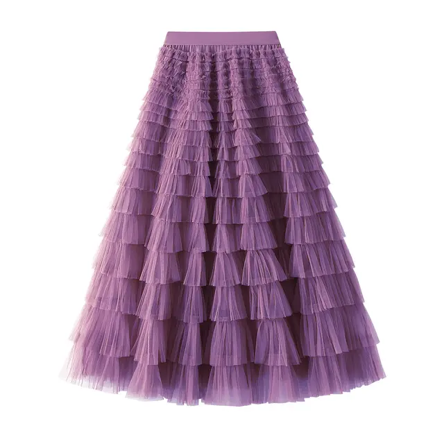 A Line Mesh Ruffle Skirt Women's Temperament Sweet Long Skirt Slim Cupcake Dress Womens Clothing Dark Purple - Shop at LoveMi