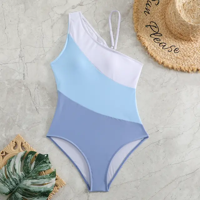 Clothing One piece Color Contrast Patchwork Swimsuit Blue - Shop at LoveMi