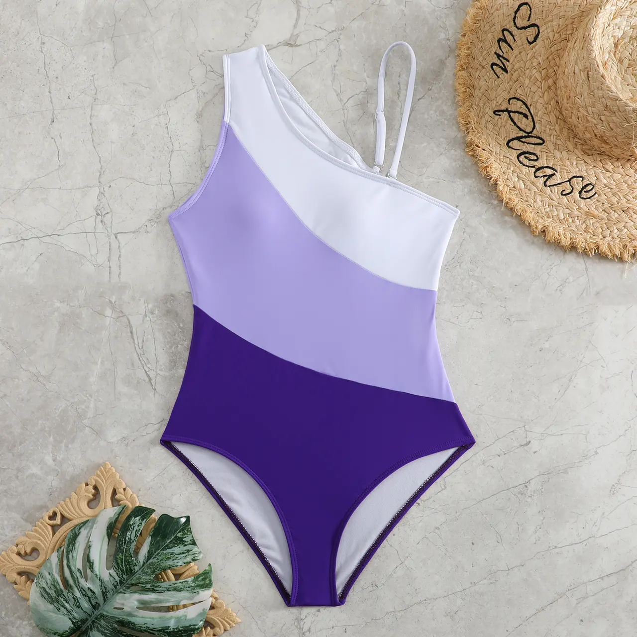 Clothing One-piece Color Contrast Patchwork Swimsuit - Purple