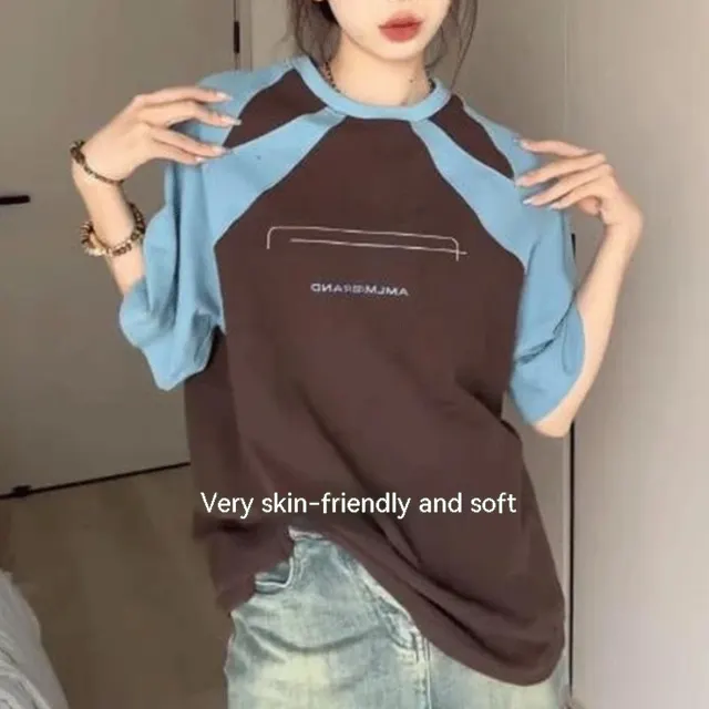 Women's Patchwork Raglan Sleeve Short Sleeve T shirt Summer Loose New Design Sense Niche Half Sleeve Top Blue - Shop at LoveMi