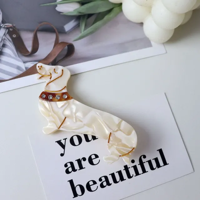 Korean Style Cellulose Acetate Tablets Sausage Dog shaped Barrettes Beige Pattern - Shop at LoveMi