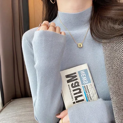 Women's Half Turtleneck Cashmere Bottoming Shirt High Elastic Sweater Light Blue - Shop at LoveMi