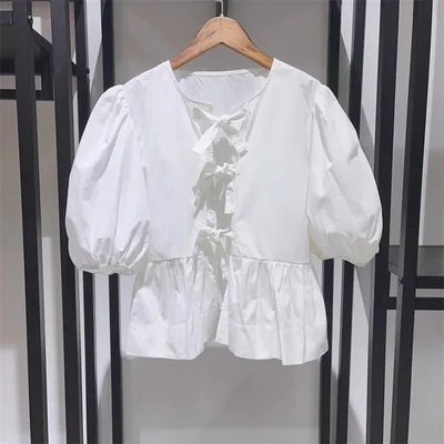 Women's Sweet Round Neck Lace up Bow Tie Puff Sleeve Solid Color Shirt White - Shop at LoveMi