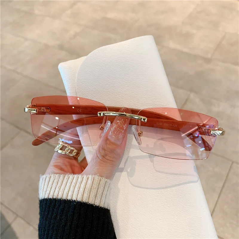 Fashion Sunglasses Frameless Wood Grain Glasses Leg Sunglasses - Gold Frame Powder Lens