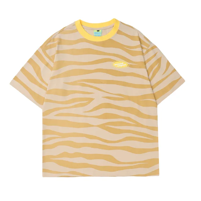 American European And American Harajuku Style Color Block Zebra Pattern Short Sleeve Apricot - Shop at LoveMi