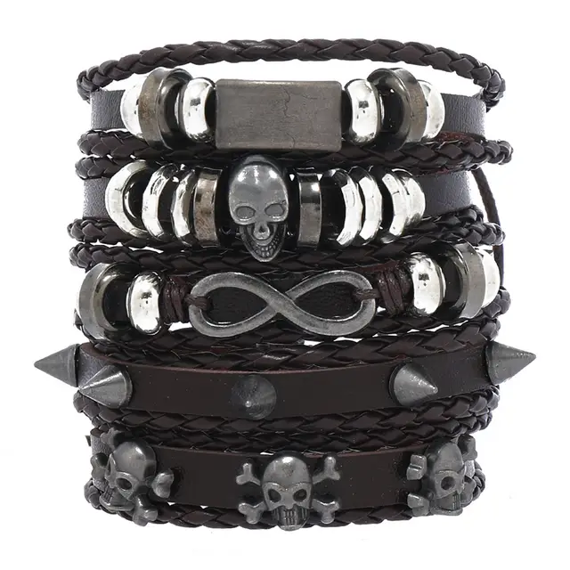 Skull 8 word Alloy Accessories Five piece Cowhide Brown - Shop at LoveMi