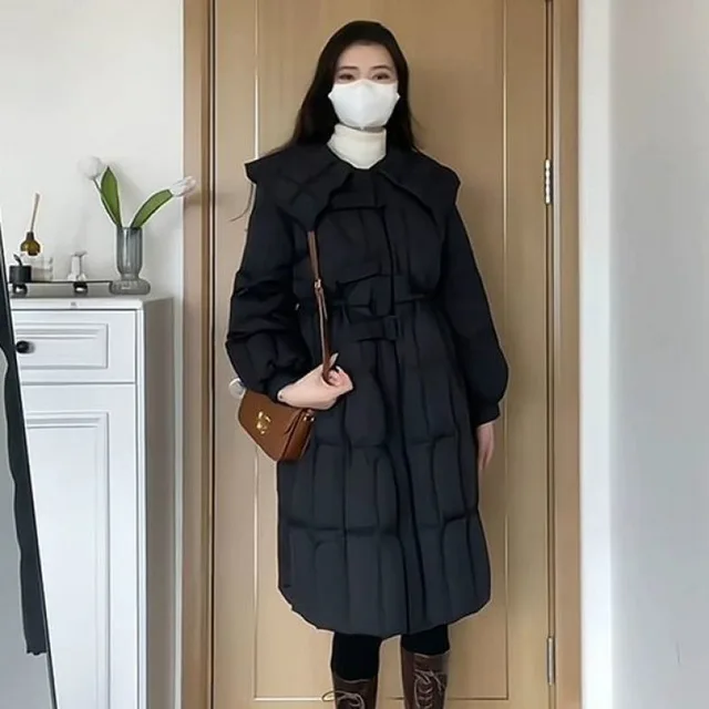 Mid length Sailor Collar Design Sense Western Style Waist slimming Niche Coat Down Jacket Black - Shop at LoveMi