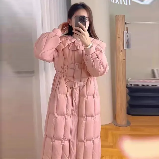 Mid length Sailor Collar Design Sense Western Style Waist slimming Niche Coat Down Jacket Pink - Shop at LoveMi