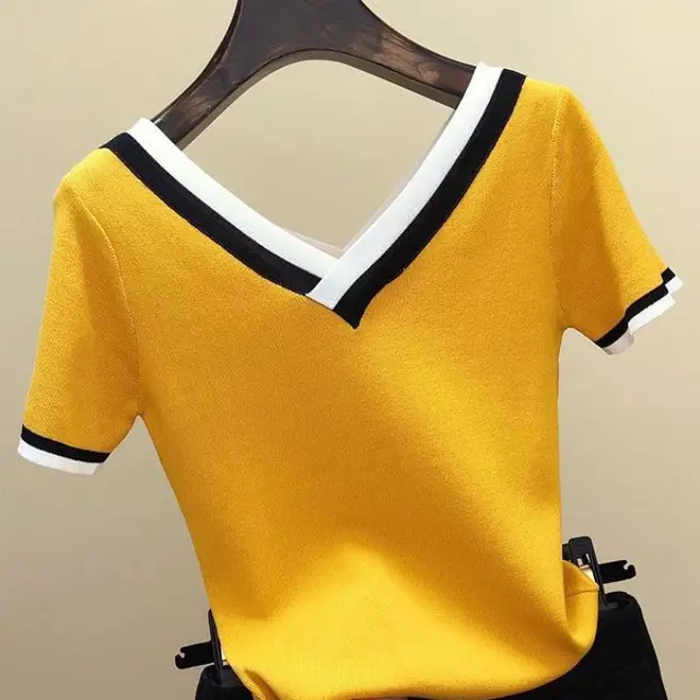 Women's Thin Sweater V neck Ice Silk Top Yellow - Shop at LoveMi