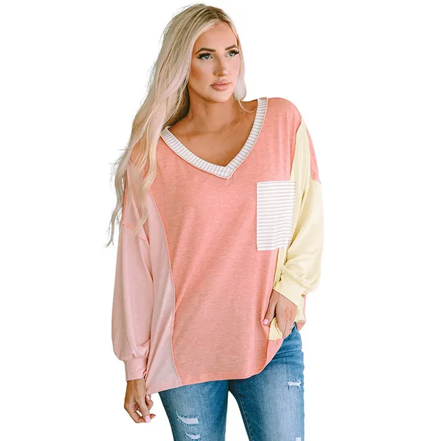 V neck Long Sleeve Top Women's European And American Leisure Striped Multicolor Hoodie Rose Red - Shop at LoveMi