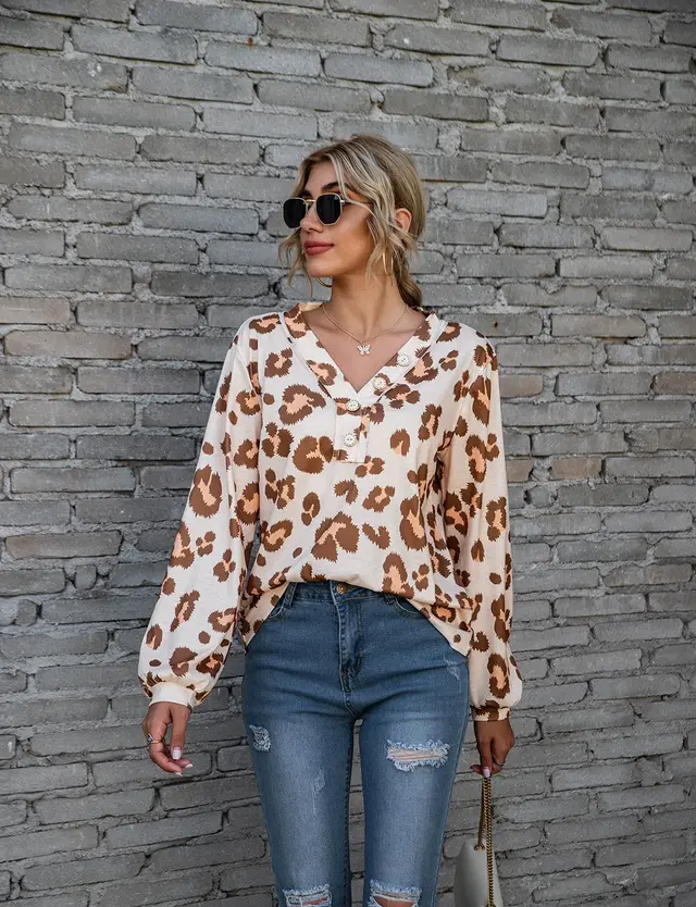 Leopard Print V neck T shirt Fashion Loose Long Sleeve Tops For Women Clothing Brown - Shop at LoveMi