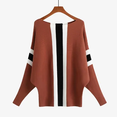 Sweater Batwing Shirt Off neck Thread Loose Large Size Pullover Striped Top Caramel - Shop at LoveMi
