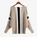 Sweater Batwing Shirt Off-neck Thread Loose Large Size Pullover Striped Top - Khaki