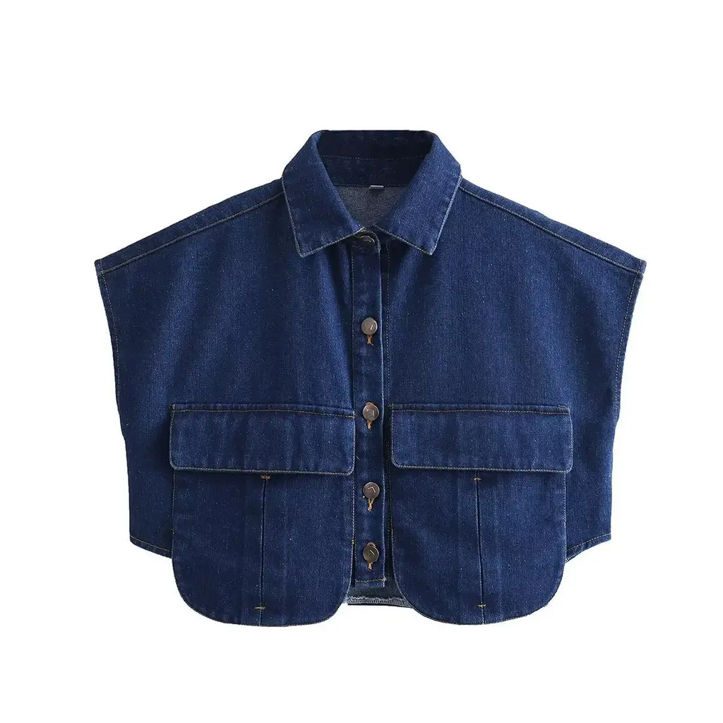 European And American Style Lapel T-shirt Shory Style Denim Shirt - Dark Blue