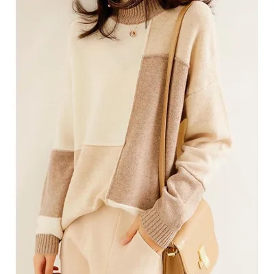 Contrast Color Idle Style Loose Pullover Fashion Commuter Simple Half Turtleneck Korean Style Sweater White Stitching - Shop at LoveMi