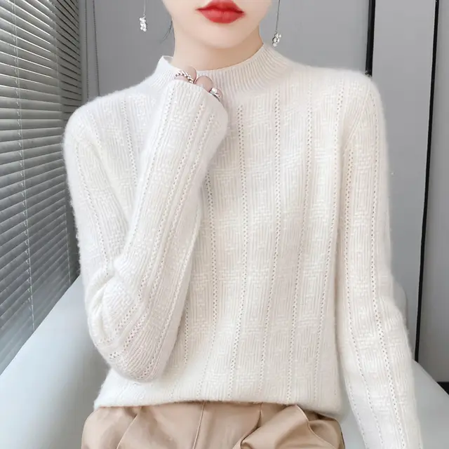 Pure Wool Turtleneck Sweater Seamless Simple Pearl White - Shop at LoveMi