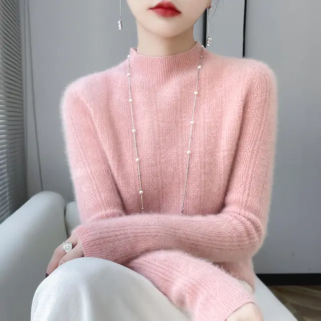 Pure Wool Turtleneck Sweater Seamless Simple Pink - Shop at LoveMi