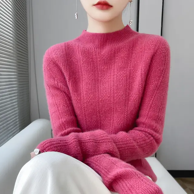 Pure Wool Turtleneck Sweater Seamless Simple Raspberry Red - Shop at LoveMi