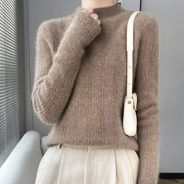 Pure Wool Turtleneck Sweater Seamless Simple Raw Velvet Camel - Shop at LoveMi
