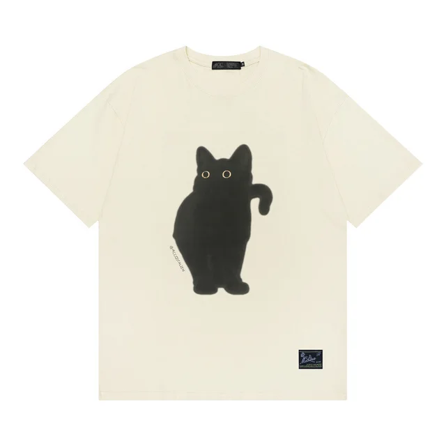 Women's Retro Artistic Fresh Cute Coffee Cat Cartoon Printed Short Sleeve Creamy White - Shop at LoveMi