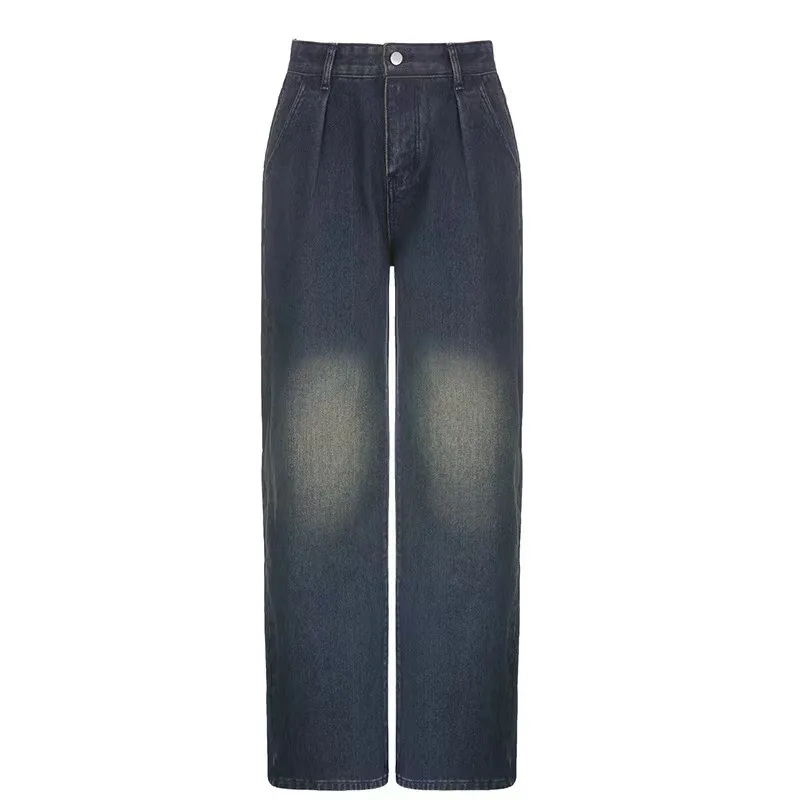 Washed Casual Loose Retro Blue Jeans Simple Fashion High Waist Wide Leg Dark Blue - Shop at LoveMi