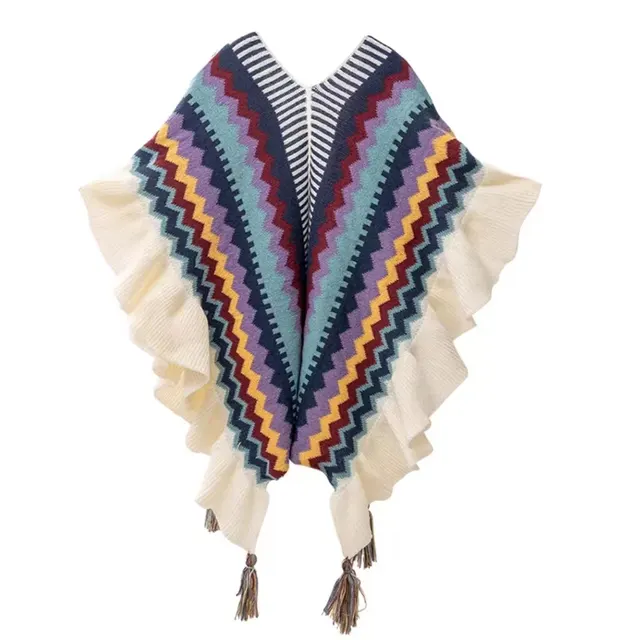 New Tassel Wooden Ear Internet Celebrity Shawl Outer Match Cloak Blue - Shop at LoveMi
