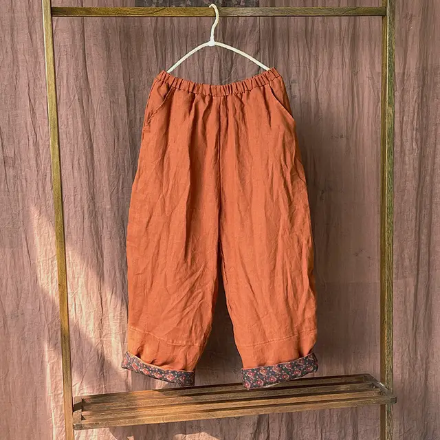 Retro Artistic Stone Washed Linen Quilted Baggy Pants Orange - Shop at LoveMi
