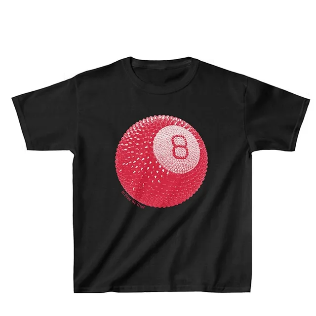 European And American No 8 Ball Letter Print Slim Fashion Short Top Black - Shop at LoveMi