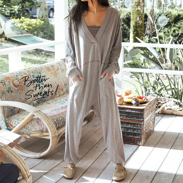 European And American Solid Color Fashion V neck Long Sleeve Casual Loose Jumpsuit Gray - Shop at LoveMi
