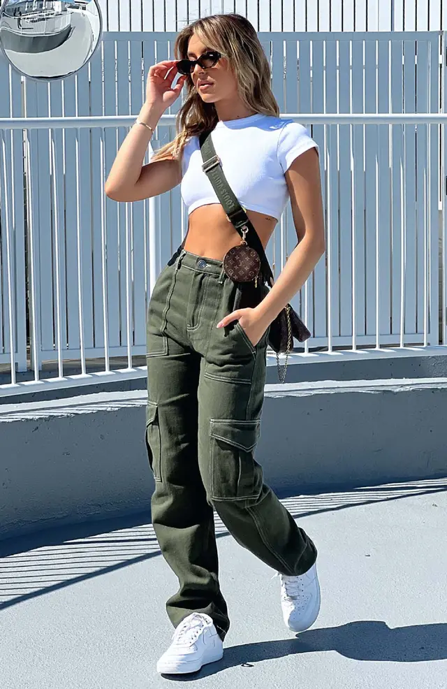 Women's Personality Fashion Stitching Straight Multi pocket Cargo Pants Army Green - Shop at LoveMi