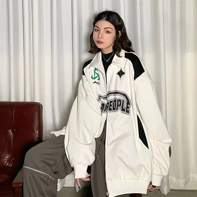 Zipper Sweater American Casual Sports Jacket White - Shop at LoveMi