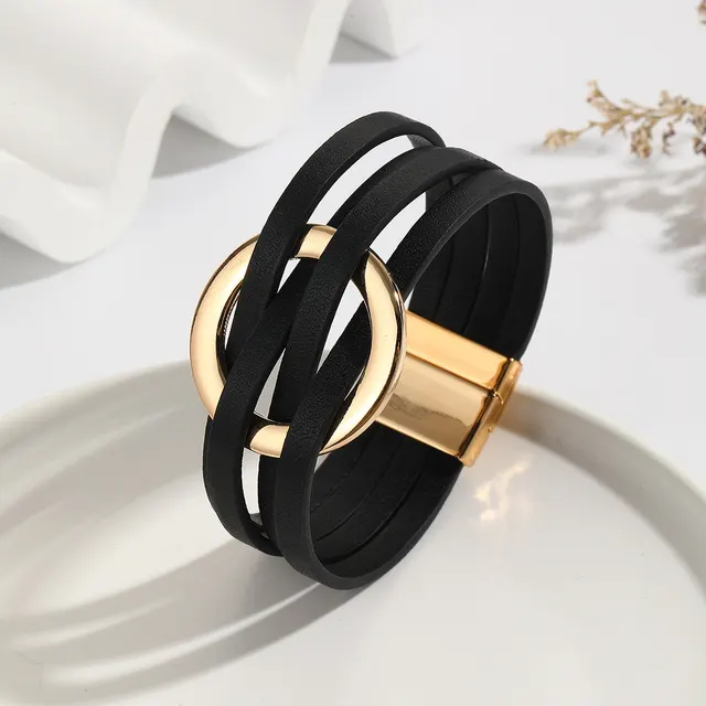 Cross Leather Women Bracelet Metal Big Ring Cuff Bangle Multi layer Wristband Magnetic Snap Bangle Black - Shop at LoveMi