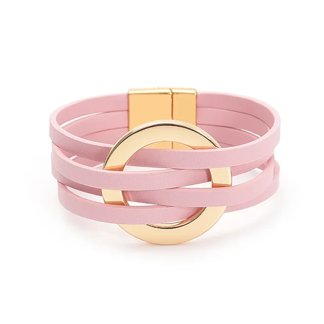Cross Leather Women Bracelet Metal Big Ring Cuff Bangle Multi layer Wristband Magnetic Snap Bangle Pink Yl61 12 - Shop at LoveMi