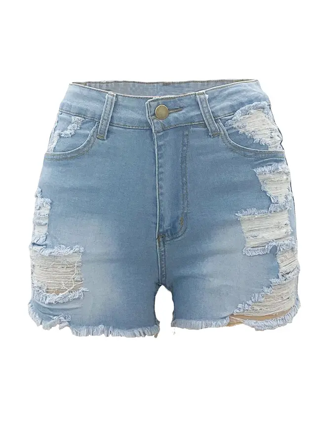 High Elastic Ripped Jeans Denim Shorts For Women Light Blue - Shop at LoveMi