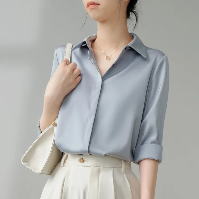 Women's Checkered Vintage Satin Shirt Hidden Hook Blue - Shop at LoveMi
