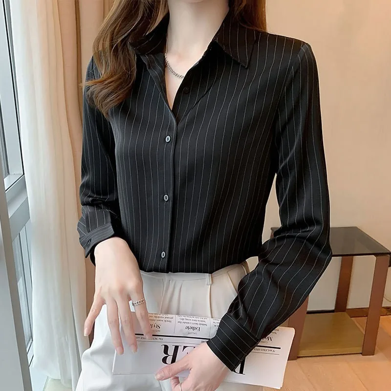 Women's Checkered Vintage Satin Shirt Striped Bright Buckle Black - Shop at LoveMi