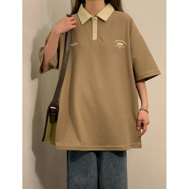 Vintage Polo Shirt Short Sleeve Loose For Women Light Coffee Color - Shop at LoveMi